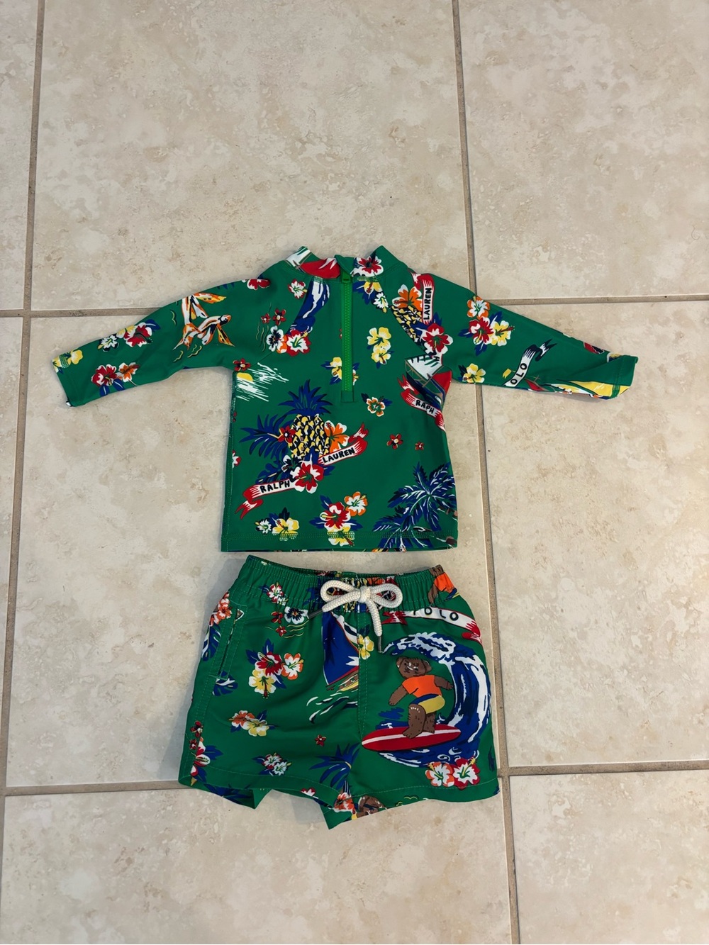 Ralph Lauren Green Tropical Print Kids Rash Guard and Swim Shorts Set